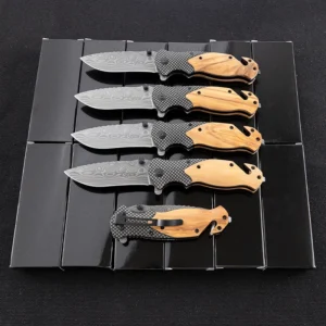 X50 Custom Damascus Laser Pattern Steel Knife Blade with Olive Wood Handle Outdoor Camping Survival Hunting Camping Pocket Knife - product view 4