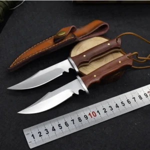 DIY Outdoor Camping Pocket Fixed Blade Knife High Hardness Wood Handle Leather Cover