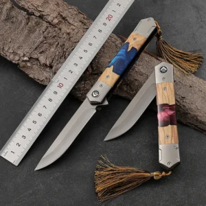 2026 Hot Sale Custom Outdoor Folding Titanium Pocket Knife New EDC Stainless Steel Epoxy Resin Wood Splicing Handle product view 4
