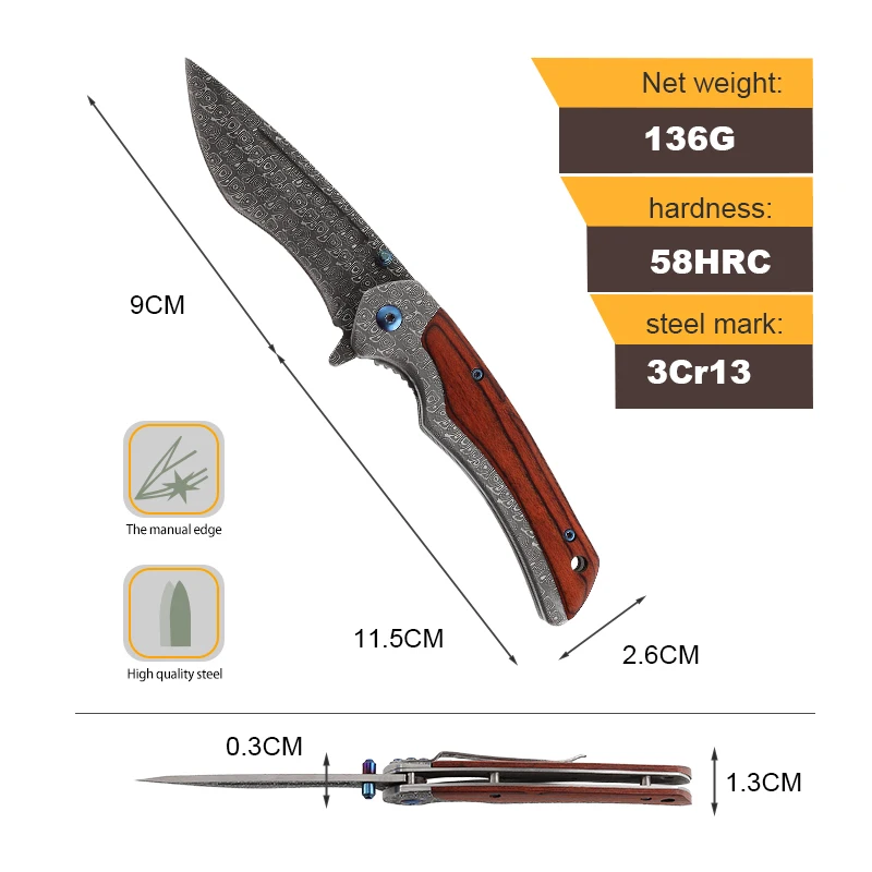 Custom Wholesale Stainless Steel Folding Pocket Knife Wood Handle DIY Grade Support Camping EDC Knife product view 2