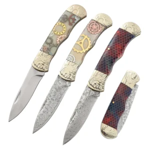 High Quality Damascus Blade Folding Knife Epoxy Gear Handle Camping Customized Pocket Knife