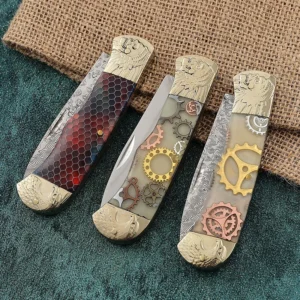High Quality Damascus Blade Folding Knife Epoxy Gear Handle Camping Customized Pocket Knife product view 3