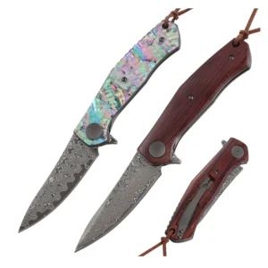 OEM Support Custom Pocket Wood Handle Pommel Precision Utility Outdoor Folding Style Fusion Damascus Blade Knife for Hunting