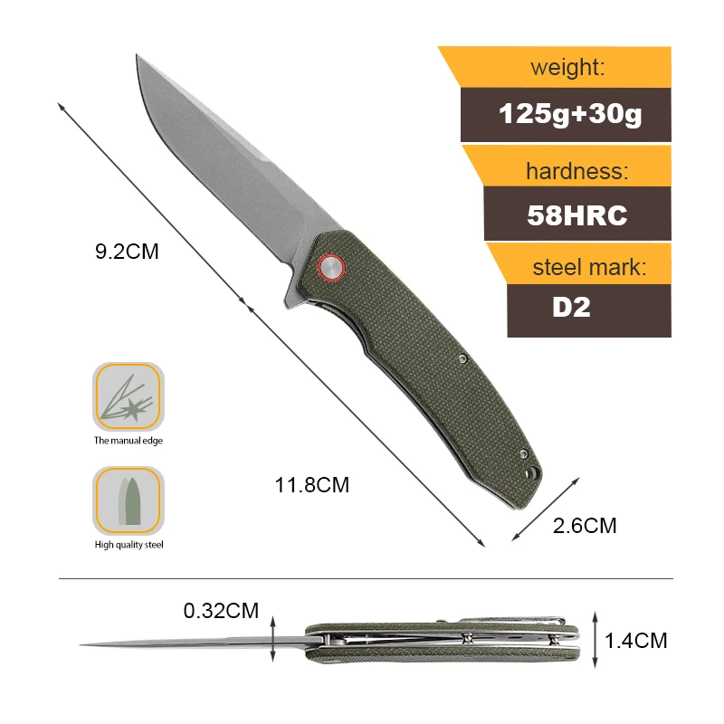 otf-1601268260573-2 Customized D2 Steel Blade EDC Folding Knife With Black Micarta G10 Handle for Outdoor Camping Hiking DIY Industrial Use product view 2