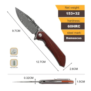 New Design Damascus Steel Folding Pocket Knife With Sandalwood Handle Blade OEM Customizable for Wholesale