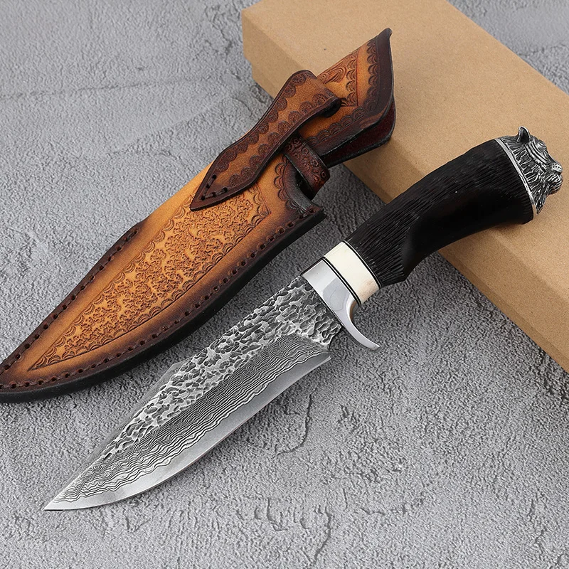 VG10 Damascus Steel Survival Fixed Blade Knives Outdoor Hunting Knife with Leather Sheath - product view 2