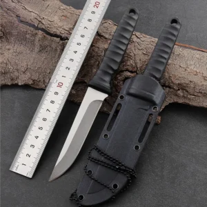 3.90" Black Oxided Straight Back Blade Plastic Handle Black Molded Sheath Fixed Blade Neck Knife with Neck Chain
