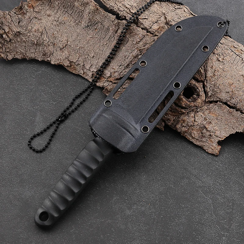3.90" Black Oxided Straight Back Blade Plastic Handle Black Molded Sheath Fixed Blade Neck Knife with Neck Chain product view 3