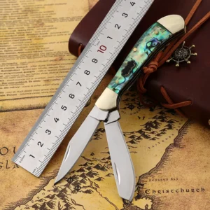 Abalone Handle Double Blades 2 in 1 Folding Knife Fruit Vegetable Cutting Knife Camping Kitchen Traditional Pocket Knife