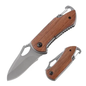 Foldable Knife Wood Handle Carabiner Hiking Backpacking Small Pocket Knife EDC Camping