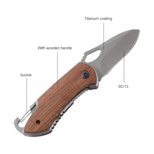 Foldable Knife Wood Handle Carabiner Hiking Backpacking Small Pocket Knife EDC Camping product view 3