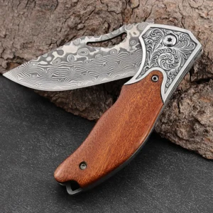 Factory Price Damascus Pocket Knife Rose Wood Handle Cutlery Table Knife Barbecue Outdoor Camping Meat Foldig Knife