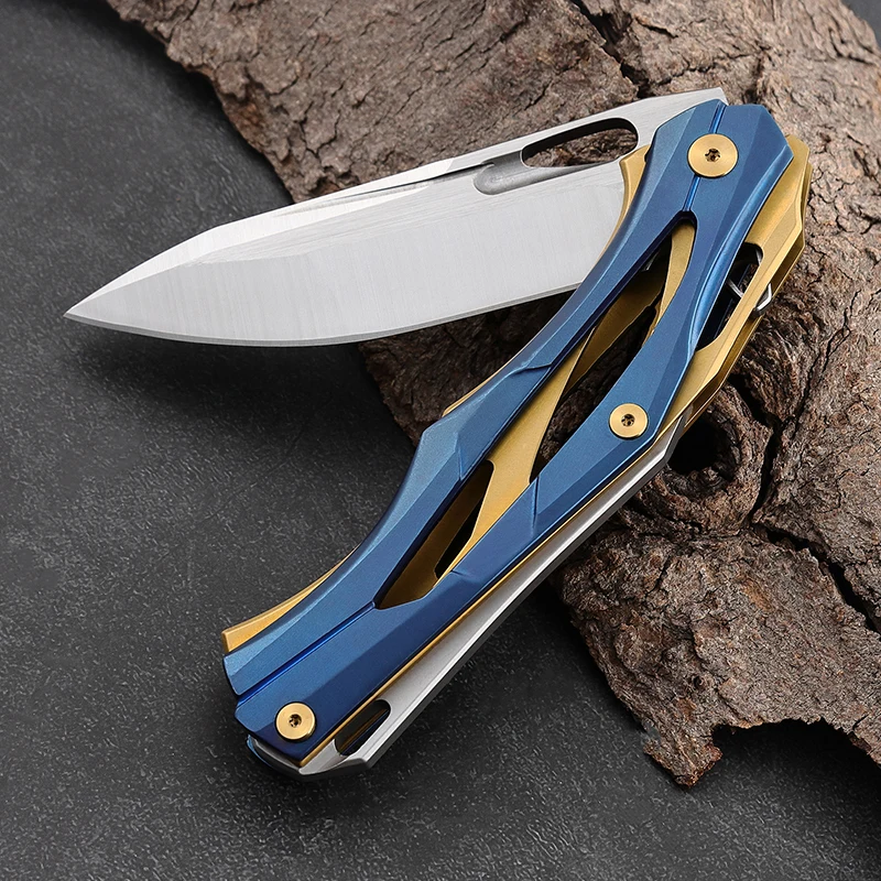 Unique CNC Pocket Knife Stainless Steel Hollow Handle Layers Colors Blue & Gold Folding Knife Camping Outdoor product view 3