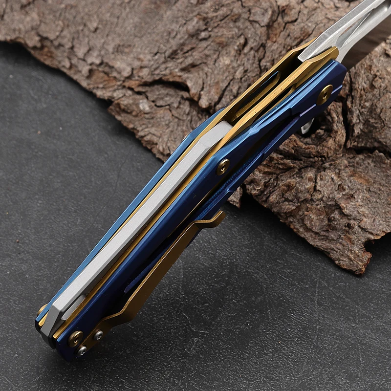 Unique CNC Pocket Knife Stainless Steel Hollow Handle Layers Colors Blue & Gold Folding Knife Camping Outdoor product view 4