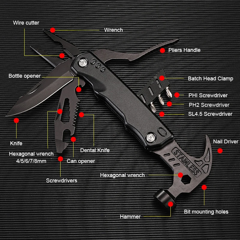 Multi Functional Claw Hammer Vehicle Mounted Rescue Tools Outdoor Multi Purpose Tool Hammer with Screwdriver Bits - product view 3