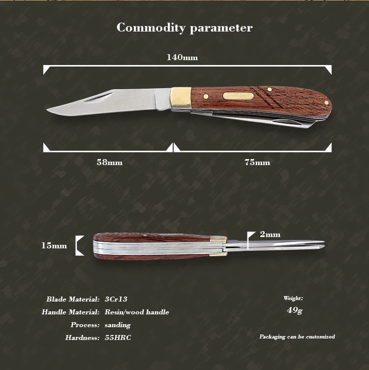 Wooden Resin Handle Double Blades Folding Trapper Knife Traditional Cutlery Knife Camping Table Classic Pocket Knife product view 2