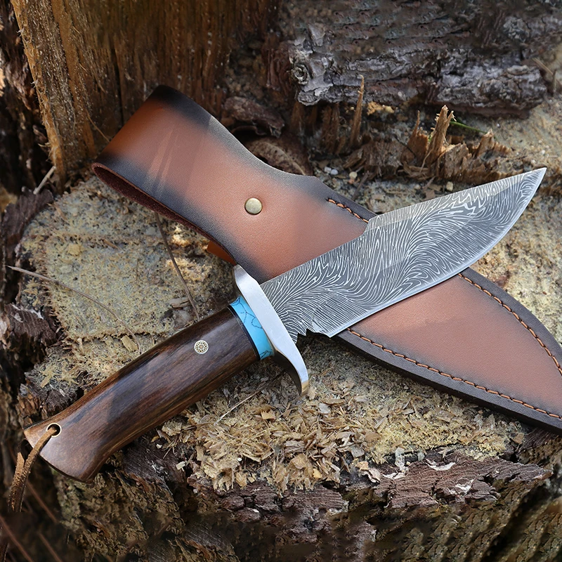 High Hardness Damascus Pattern Portable Outdoor Straight Knife for EDC Camping Fishing Wooden Handle product view 2