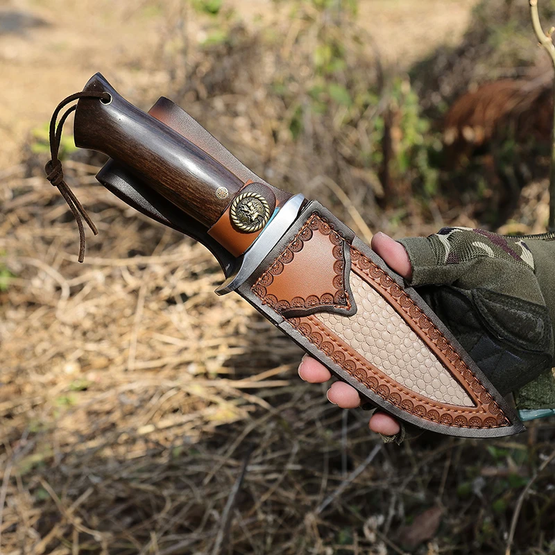 High Hardness Damascus Pattern Portable Outdoor Straight Knife for EDC Camping Fishing Wooden Handle product view 3