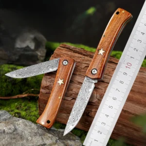 High Quality Camping Kit Damascus Blade Pocket Knife Wood Folding Knife for Outdoor product view 2