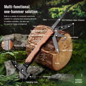 14 in 1 Multi Function Hammer Outdoor Camping Hammer Wood Handle Tool with Nylon Bag