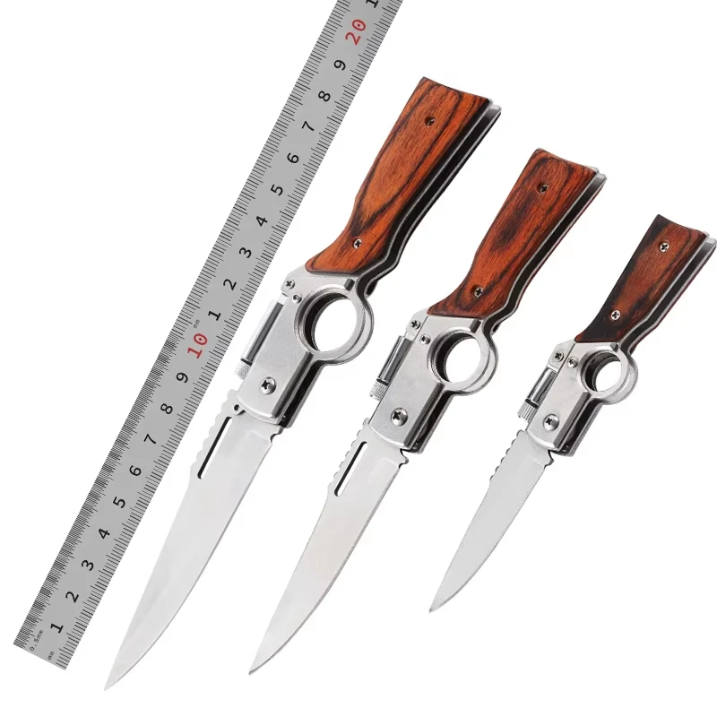 Hot Sale OEM Custom DIY Mini LED Flashlight Light Stainless Steel Blade EDC Folding Pocket Wood Handle Outdoor Survival Knife - product view 1