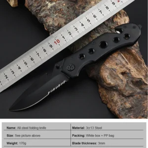 Black Pocket Knife Full Stainless Steel EDC Seatbelt Cutter Glass Breaker Bottle Opener MultiFunction Emergency