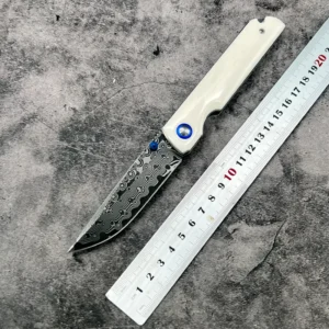Customizable OEM ODM Damascus Steel Folding Pocket Knife Blue Studded Buffalo Bone Handle Optimized for Easier Use DIY