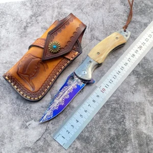 Oigh Quality New Damascus Steel Lâmina Blue Baking Process with Leather case Folding Pocket Knife Camping product view 2