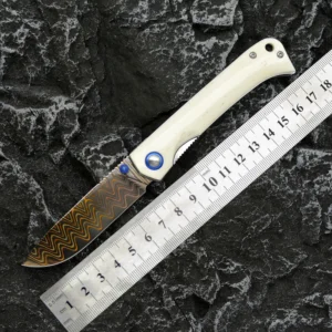 Version Buffalo Bone Handle Blue Pivot Thumb Stud Damascus Folding Knife PU Pouch Lanyard Hole with Gift Case Pocket Knife - product view 2