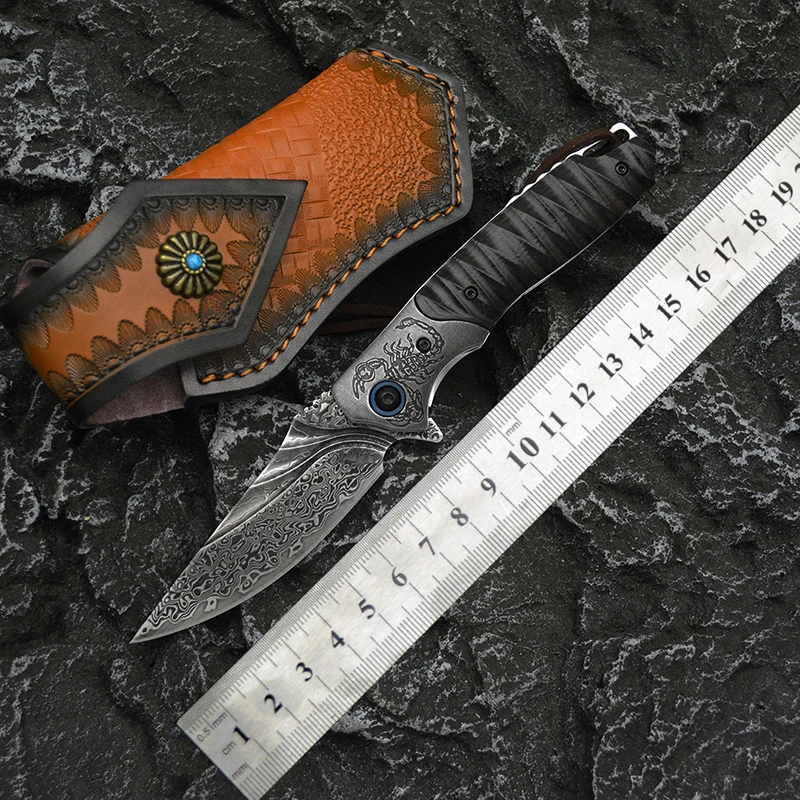 High Quality VG10 Damascus Steel Folding Pocket Knife Camping EDC Knife with Leather Sheath product view 2