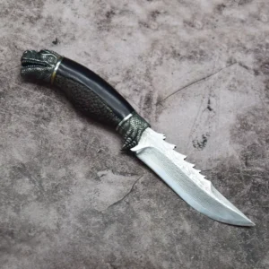 Godzilla Head Damascus Steel Fixed Blade Outdoor Knife with Steel Wolf Head Ebony Wood Handle product view 2