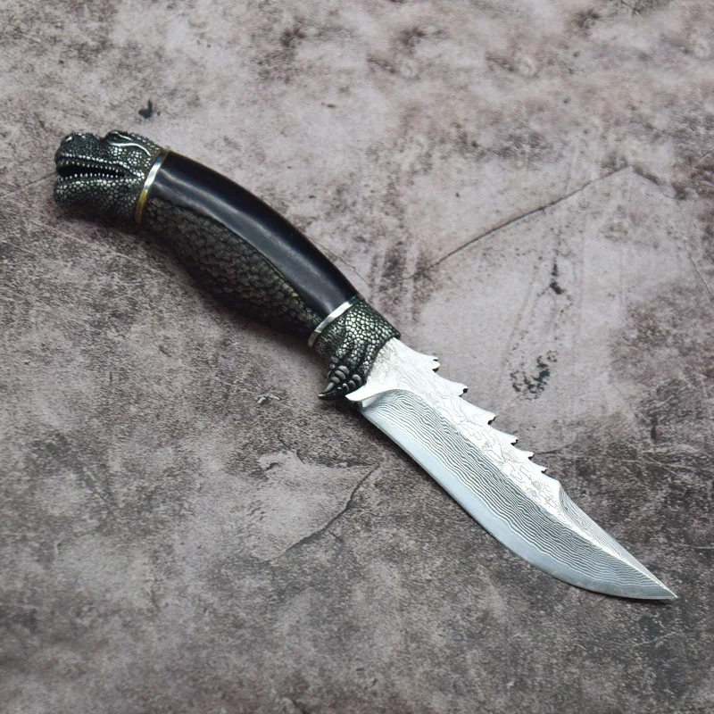 Godzilla Head Damascus Steel Fixed Blade Outdoor Knife with Steel Wolf Head Ebony Wood Handle product view 2
