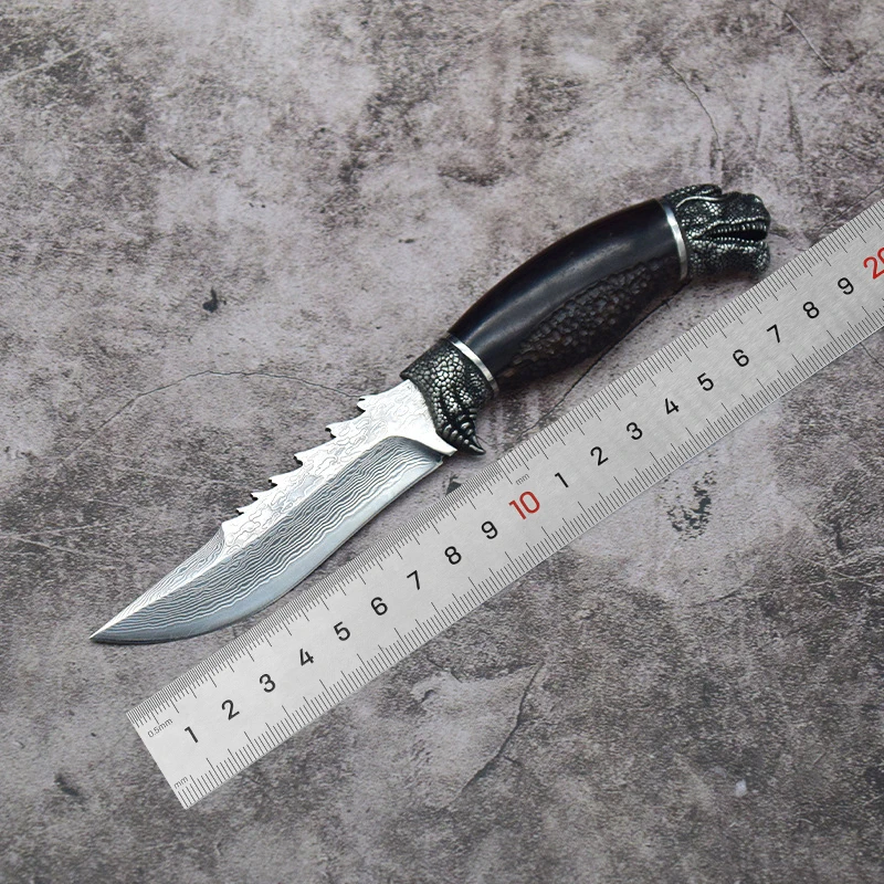 Godzilla Head Damascus Steel Fixed Blade Outdoor Knife with Steel Wolf Head Ebony Wood Handle product view 4