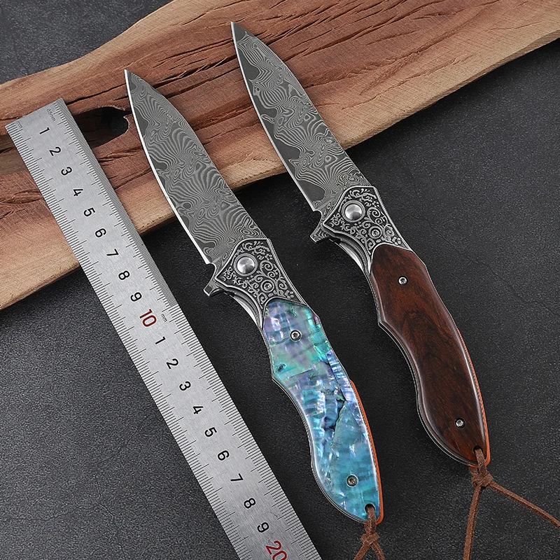 Damascus Blade with Shell Handle Folding Pocket Knife for Outdoor Camping and with Sharp Blade product view 2