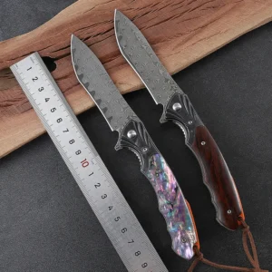 Portable Pocket Knife with Damascus Steel Blade and Wood Handle Shell DIY Grade Customizable OEM Support for Camping