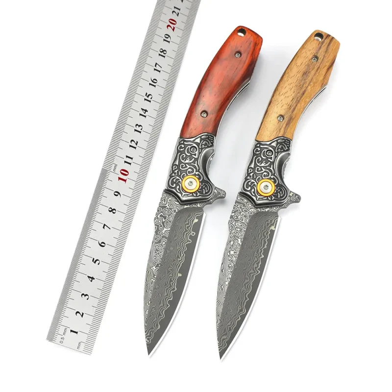Factory Wholesale Custom Outdoor Camping Folding Knife Damascus Steel Blade Wooden Handle Portable Gift Pocket Knife product view 1