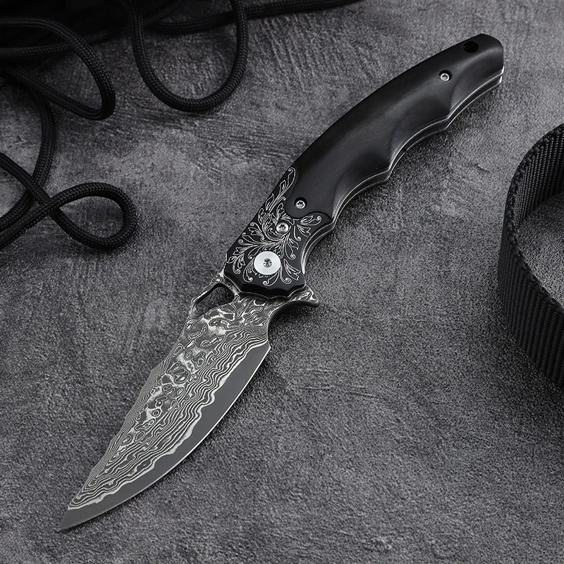 New EDC Damascus Steel Folding Pocket Knife Ebony Wooden Handle Outdoor Camping VG10 Core Folding Knife product view 2