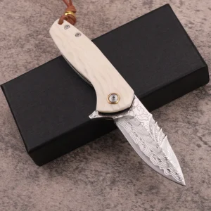 Hot Selling Pocket Knife Damascus Blade Knife Camping Folding Blade With All steel+white ox bone Handle - product view 3