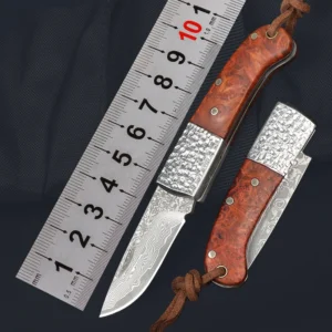 Hot Selling & New Design Pocket Mini Knife Damascus Blade Knife Camping Folding Blade With Red Shadow Wood Handle - product view 2
