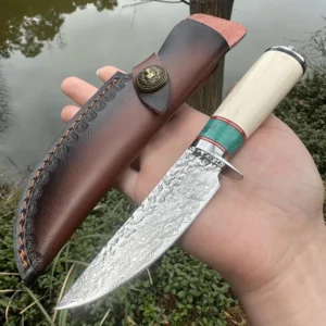2026 High Quality New Style African Horn Handle Straight Knife Portable Damascus Fixed Blade Knife product view 2
