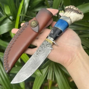 High Quality Handmade Damascus Steel Klinge With Antler Bone Handle Fixed Klinge Camping Knife With Leather Sheath product view 2