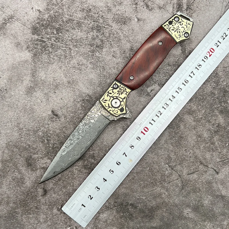 Premium Damascus Outdoor Folding Pocket Knife Hunting with Brass Dalbergia Hupeana Wood Handle - product view 2