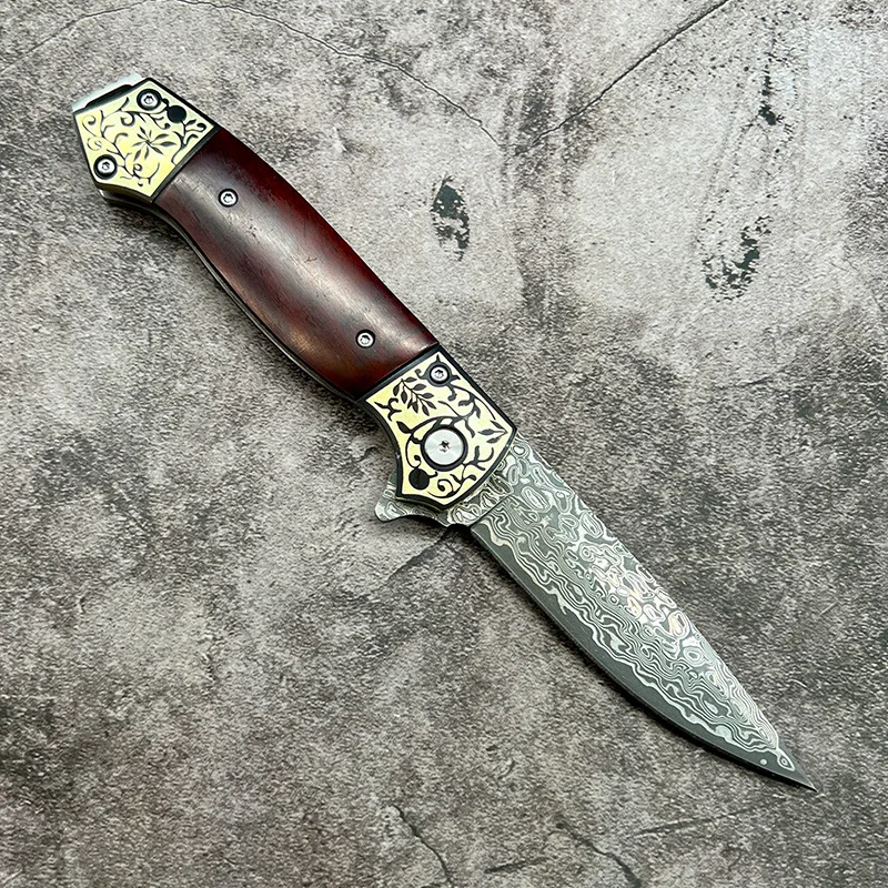 Premium Damascus Outdoor Folding Pocket Knife Hunting with Brass Dalbergia Hupeana Wood Handle - product view 3