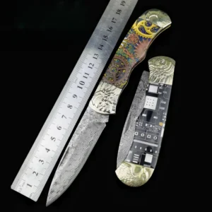 7.7" Damascus Steel Folding Pocket Knife with Resin Handle for Customizable Utility Knife for Camping