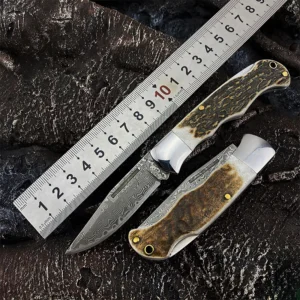 High Quality Damascus Steel Hunting Knife with 1 1/8 Inch Blade Antler Handle Customizable OEM Support