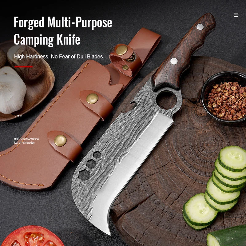 Kitchen Cutting Chef Knife Hunting Hammered Blade Hole Leather Sheath Camp Knife Chef Butcher Knife - product view 2