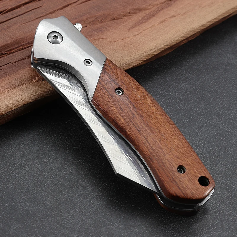 Folding Camping Knife Pocket EDC Damascus Knives with Wooden Handle Tool for Outdoor product view 3