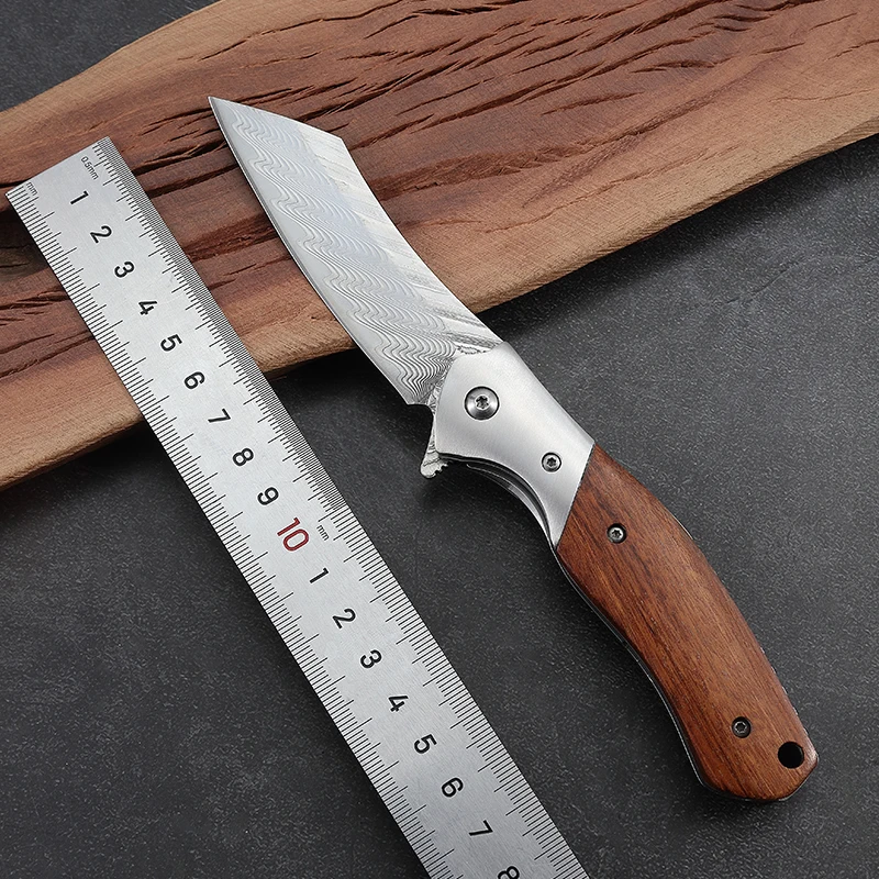 Folding Camping Knife Pocket EDC Damascus Knives with Wooden Handle Tool for Outdoor product view 4