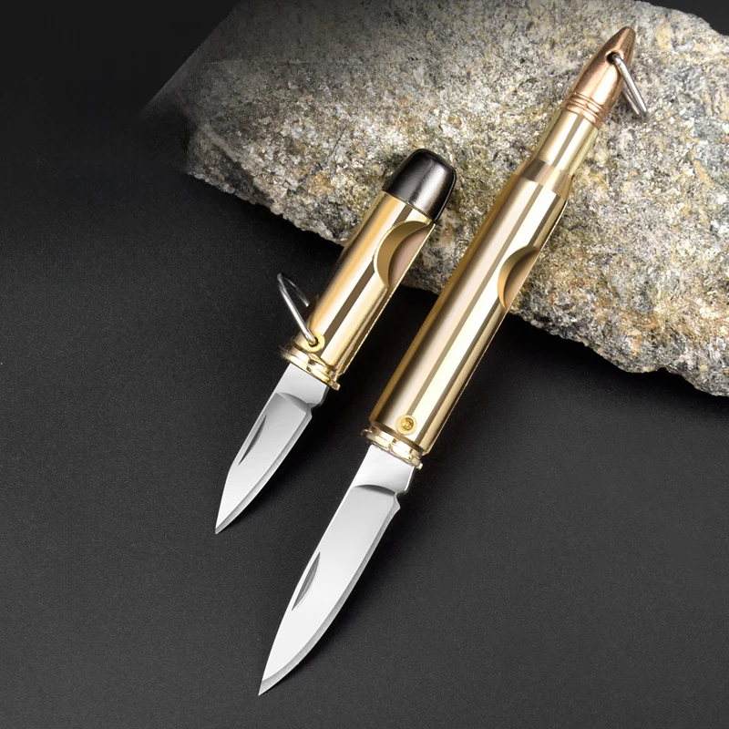 Cool Bullet Folding Blade Knife Zinc Alloy Coated Copper Handle Keychain Pocket Knife EDC Backpacking Hiking Knife Display product view 2