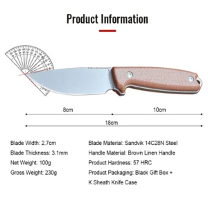 Sandvik 14C28N Carbon Steel Straight Knife Camping Knife Micater Handle Outdoor Fixed Blade Knife Kydex Sheath Gift Box
